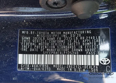 2020 Toyota Corolla Le z USA, uszkodzony, nr VIN 5YFEPRAE4LP125240